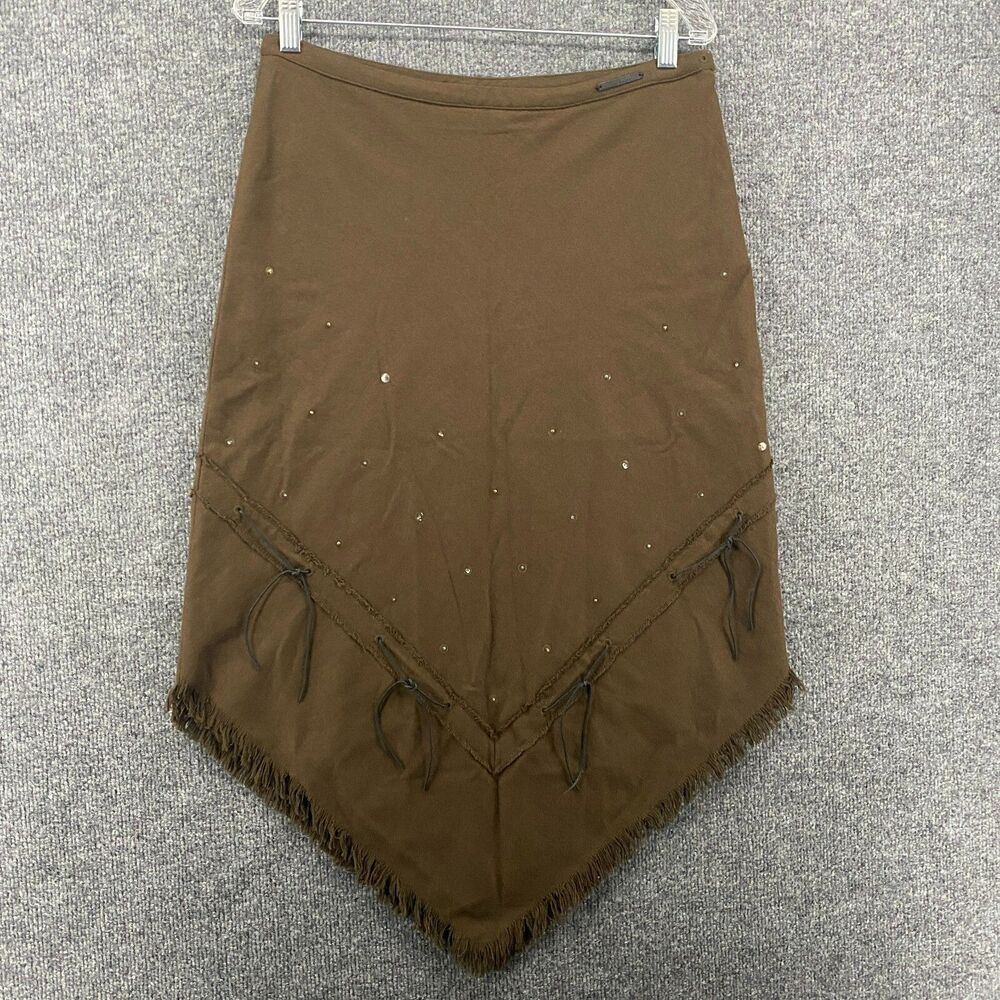 Ted Baker Skirt Womens 3 Brown Wool Asymmetrical Fringe Western Tribal Farm Barn
